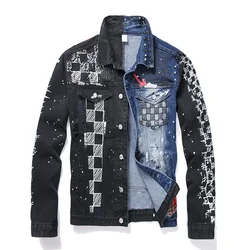 Men Punk Rivet Check Print Denim Jacket Holes Ripped Plaid Patches Patchwork Jean Coat Painted Blue Black Spliced Outerwear