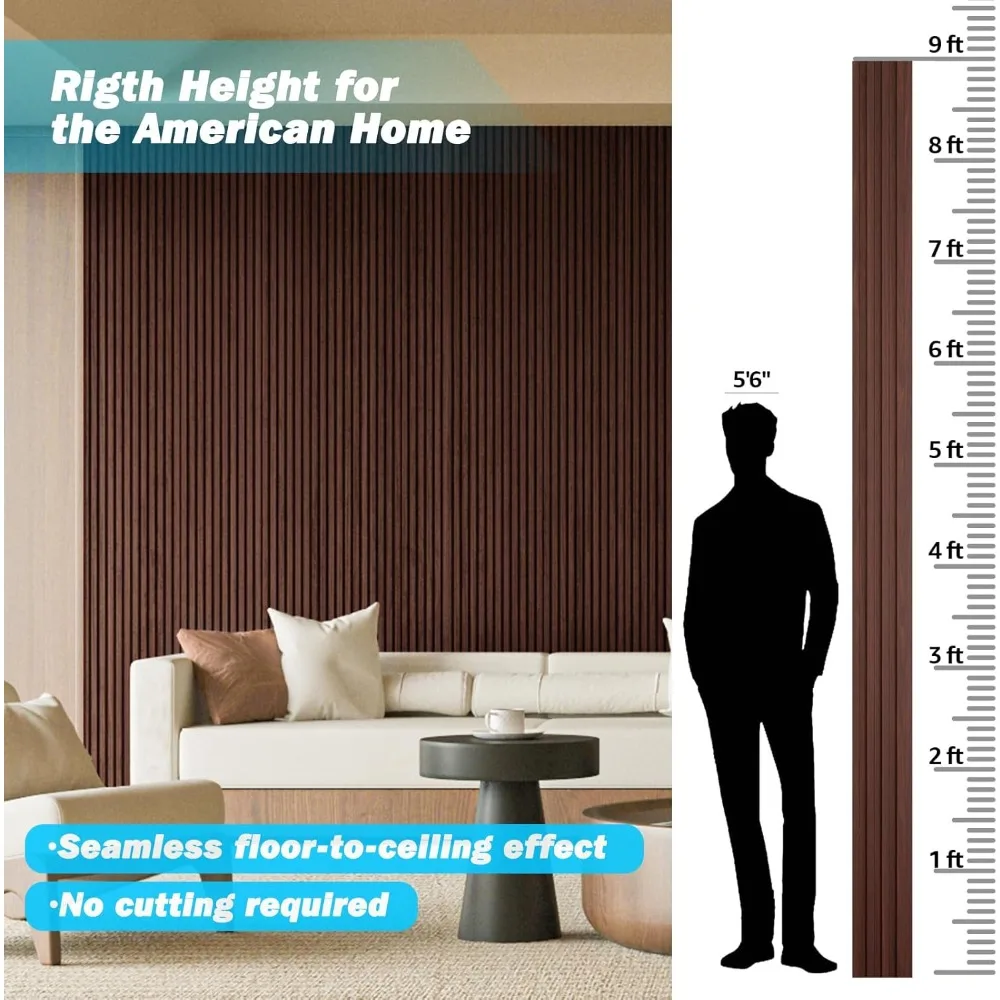 Paneles de pared de madera de listones para decoración de interiores y techos - Paquete de 4 piezas + 1 pieza de borde final, tamaño 108 x 5,7 pulgadas - Nogal