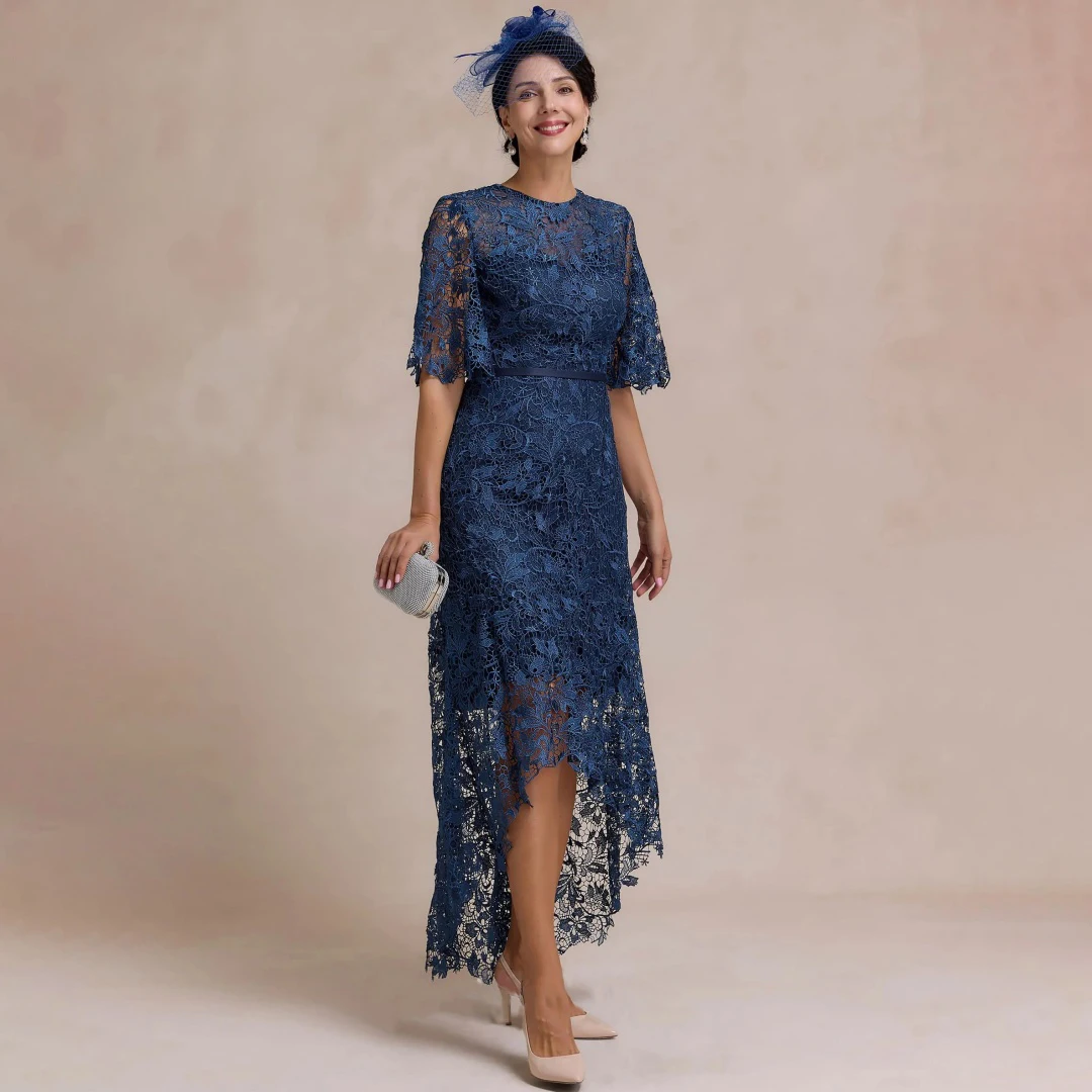 

Chic Lace Mother of the Bride Dresses O-neck Half Flare Sleeve Irregular Ruffles Wedding Guest Gowns A-line Formal Evening Dress