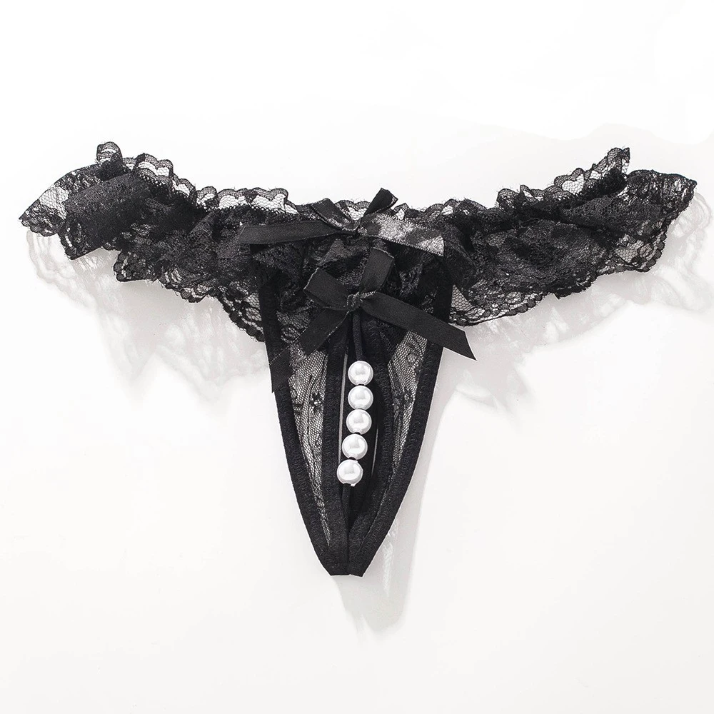 1 unidad de calzoncillos de encaje y malla para mujer, diseño sexy, con abertura en la entrepierna, cuentas de perlas para masaje, tanga erótica, cintura baja, con lazo, tipo tanga.