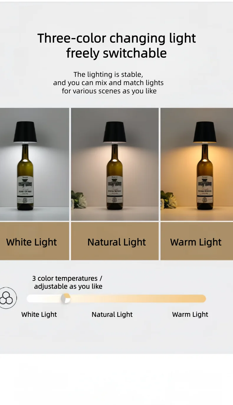 AITHEA LED Rechargeable Wine Bottle Lamp Touch Control of 3 Colors and Stepless Dimming Table Lamp Night Light