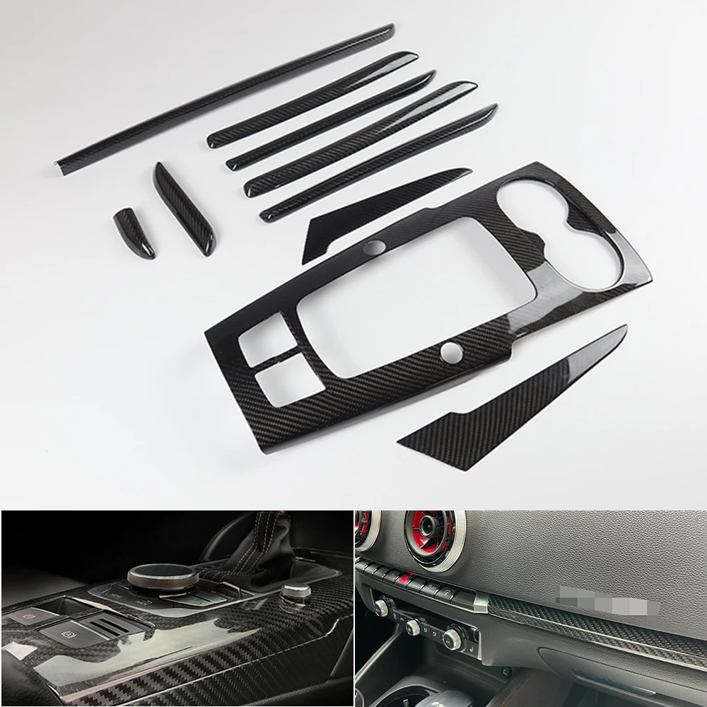 10PCS For Audi A3 8V S3 RS3 2014-2018 RHD Real Carbon Fiber Center Console Gear Shift Panel Side Strip Cover Trim Cover Interior