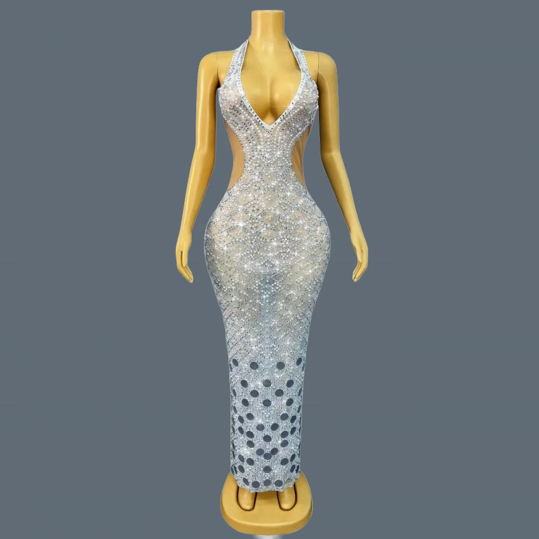 

White Pearls Low-cut Long Dress Sparkly Crystals Sexy Evening Dress Elegant Formal Gown Mesh Elastic Party Outfit Langchaoqun