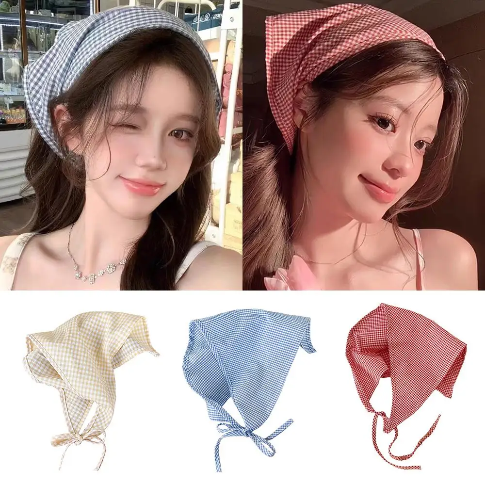 

French Fashion Triangle Headscarf Hair Band Pastoral Style Plaid Print Bandana Headband Sweet Trendy Headwears Beach Head Scarfs