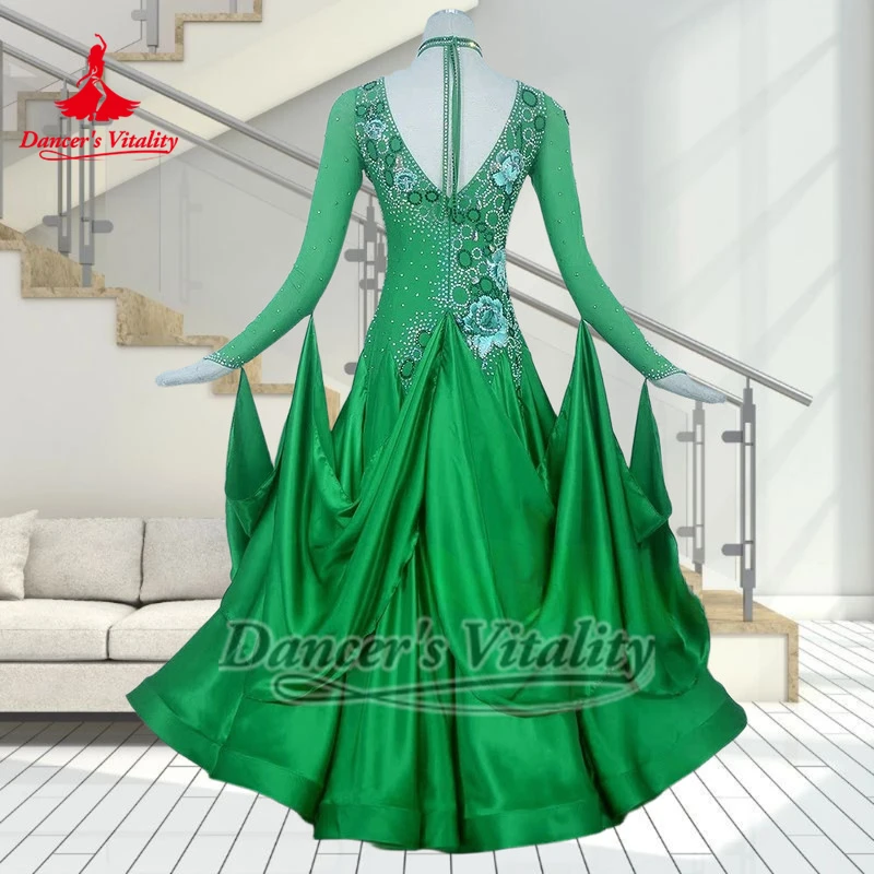 성인용 녹색 긴 소매 브이백 소셜 댄스 전문 드레스 여성용 탱고 왈츠 퀵스텝 의상 맞춤 댄서의 활력