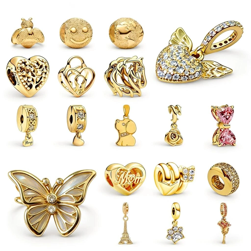 

DIY Jewelry Gift Sparkling Golden Charm Angel's Wings Openwork Heart Padlock Pet Paw Print Butterfly Beads Fit Original Bracelet