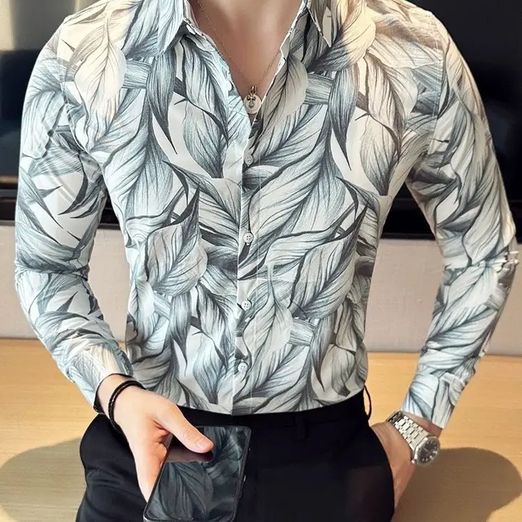 Men's Fashion High-End New Long Sleeve Casual Korean Style Personalized Slim Fit Print Hipster Trendy Shirt