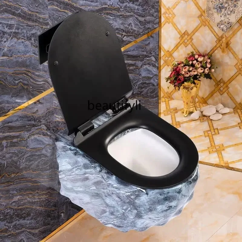 b73 مرحاض أسود مثبت على الحائط شقة صغيرة مرحاض أزرق ملون معلق خزان مياه مخفي #4