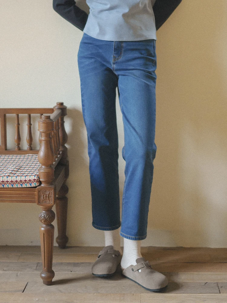 

High Waist Thermal Denim Jeans Women's Fleece Lined Straight Leg Stretchy Blue Jeans MarchNoon Brand Cotton Elastic Zipper