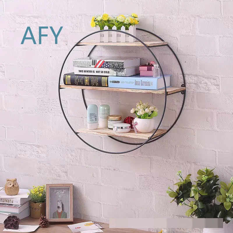 Multilayer Wall Mounted Shelf for Living Room Bedroom Home Organization Iron Wood Combination Round Floating Storage Rack for