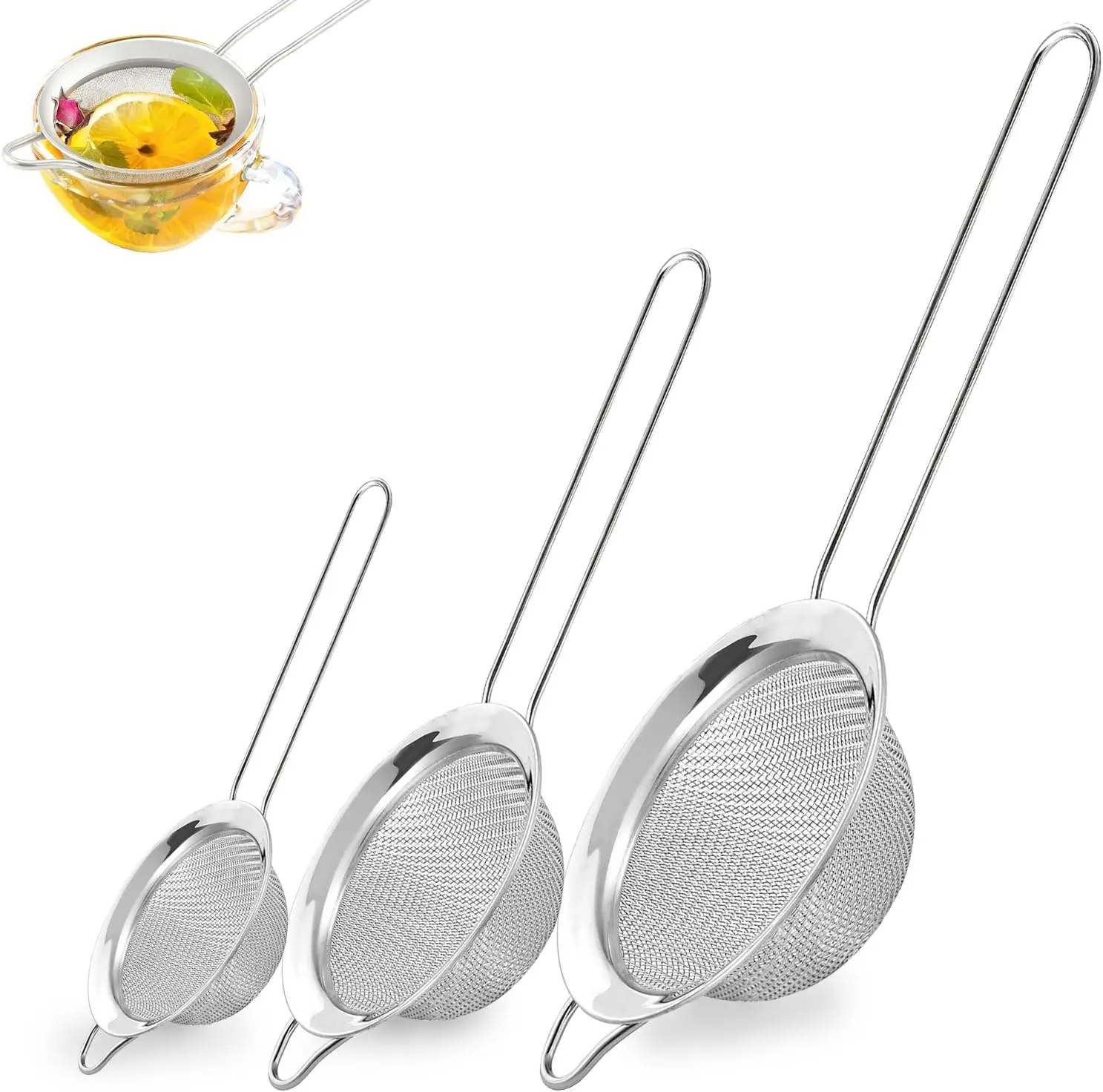 3-Piece Fine Mesh Strainer Set: Small, Medium, Large - Stainless Steel Sifter for Baking, Juicing, Quinoa & More