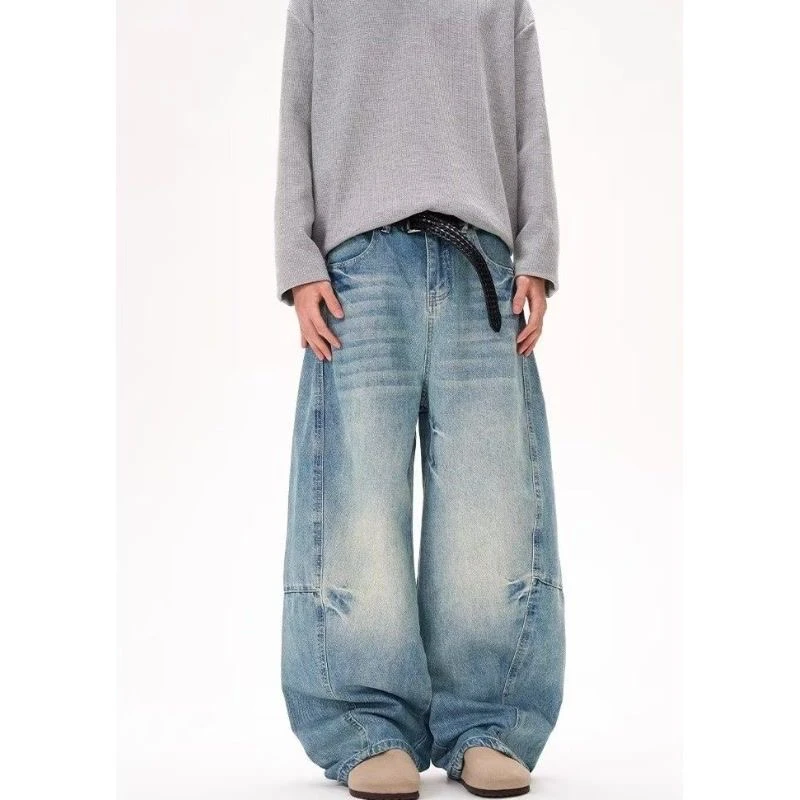 Calças Jeans Americanas Retrô Lavadas com Efeito Desgastado, Unissex, Modernas, Soltas, Perna Larga, Estilo Cleanfit, Calças ...