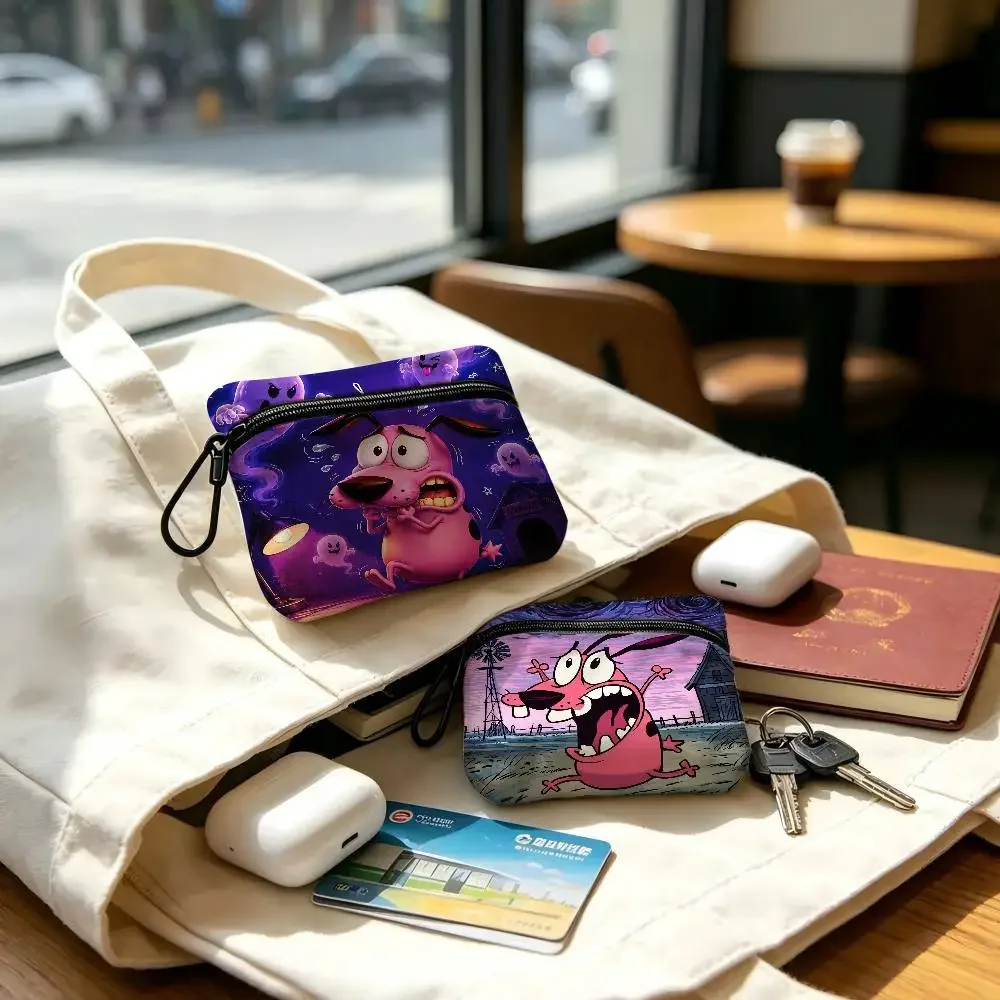 Courage Dog Night Blue Sky  Portable Oxford Fabric Mini Wallet Carabiner Design Small Coin Bag For Cards Keys Earphones