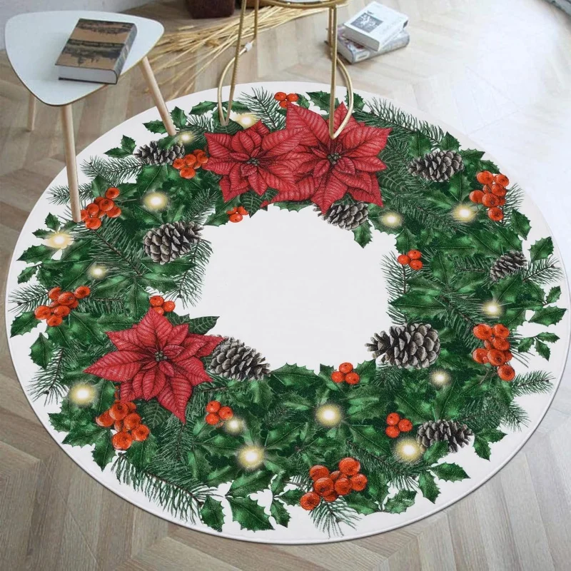 

Christmas wreath circular carpet 75X75cm winter flannel cute living room bedroom decorative floor mat