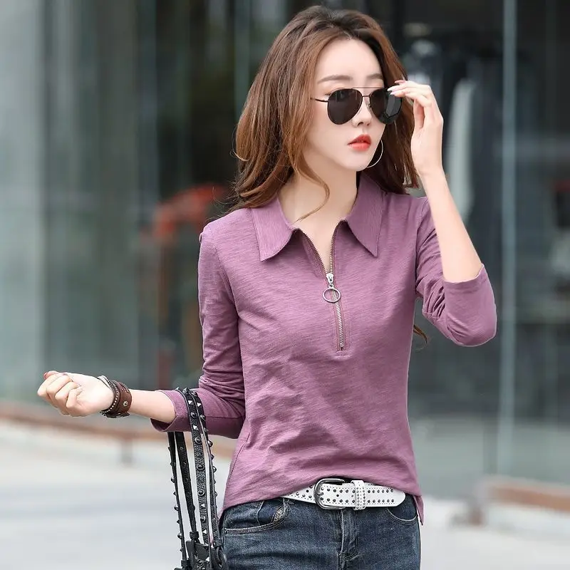 Casual Fashion Lapel Solid Color Zipper T-Shirt 2022 Autumn New Commute Pullovers Tops Long Sleeve Loose All-match Woman Tshirts