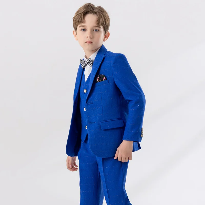 Flower Boys Royal Blue Jacket Vest Pants Bowtie 4PS Piano Party Dress Kids Ceremony Photograph Suit Children Performance Costume