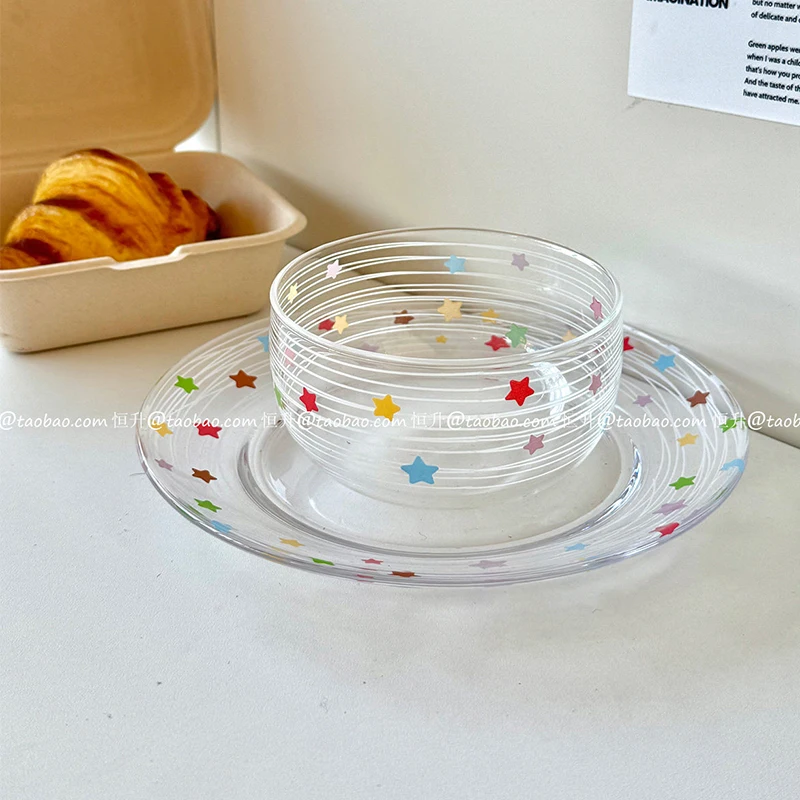 Colorful Star Glass Plate 2026 Household Transparent Round Dish for Dessert, Cake, Snack Creative Beautiful Kitchen Tableware