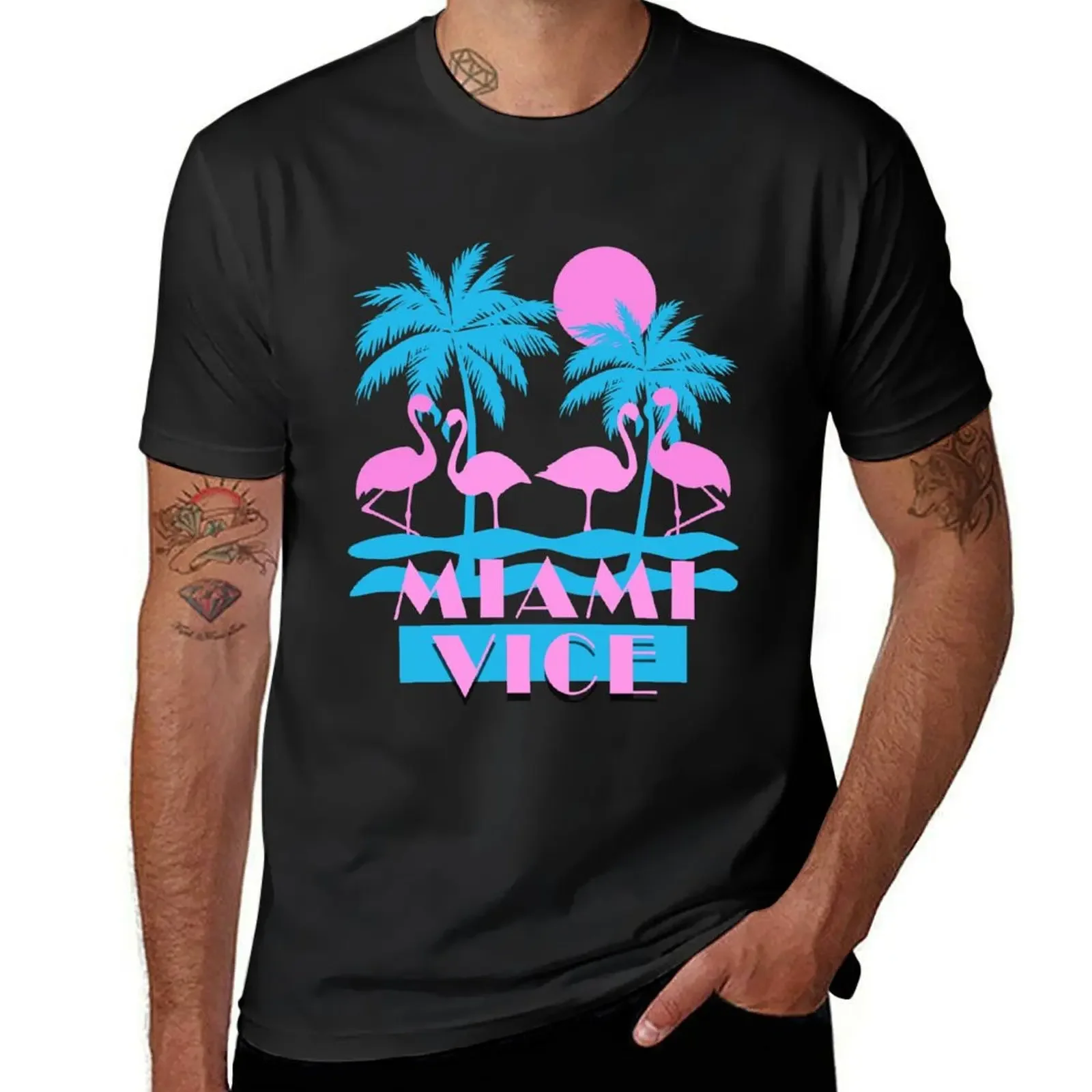 Miami Vice Flamingo Florida T-Shirt summer top vintage mens funny t shirts heavyweight fashion Round Neck manga anime Sweatshirt