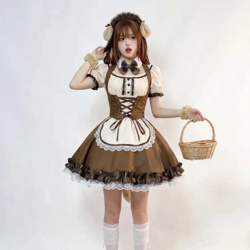 Conjunto de Vestido Lolita de Shiba Inu Marrón para Mujer, con Mangas Abullonadas y Cintura Ajustada, Tallas S-5XL, Atuendo Dulce de Cosplay para Fiesta de Té o Sesión de Fotos