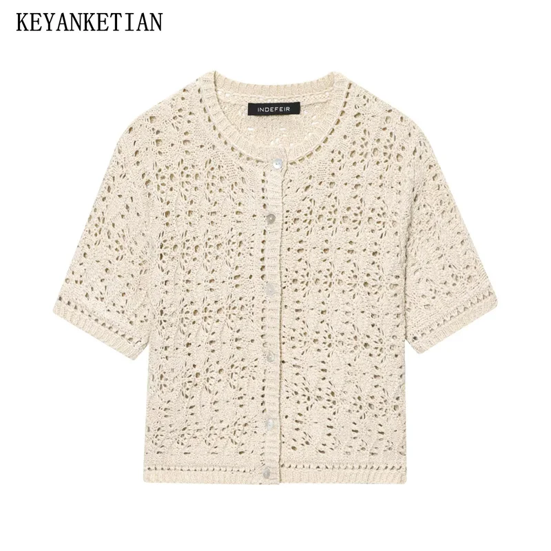 

KEYANKETIAN, новый летний женский однобортный вязаный кардиган с короткими рукавами и круглым вырезом, женское пальто, короткий топ