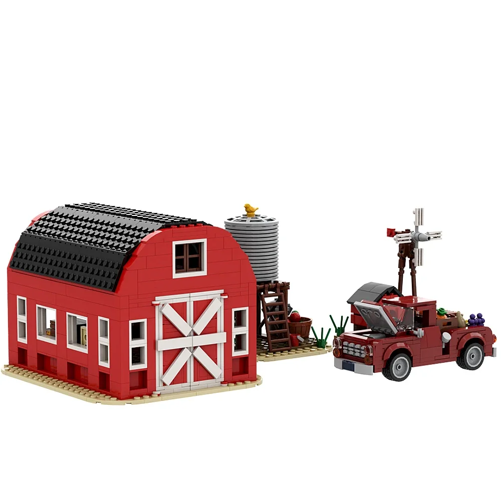 MOC Red Farm Architecture Windmill Farm House Building Blocks Medieval Animal Homeland Farm Cabin Garden Car Bricks Kids Toys