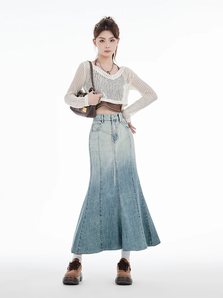 Women Summer New High-waist Slimming Bodycon Fish-tail Skirt  French Style Retro Gradient Blue Half-length A-line Denim Skirt