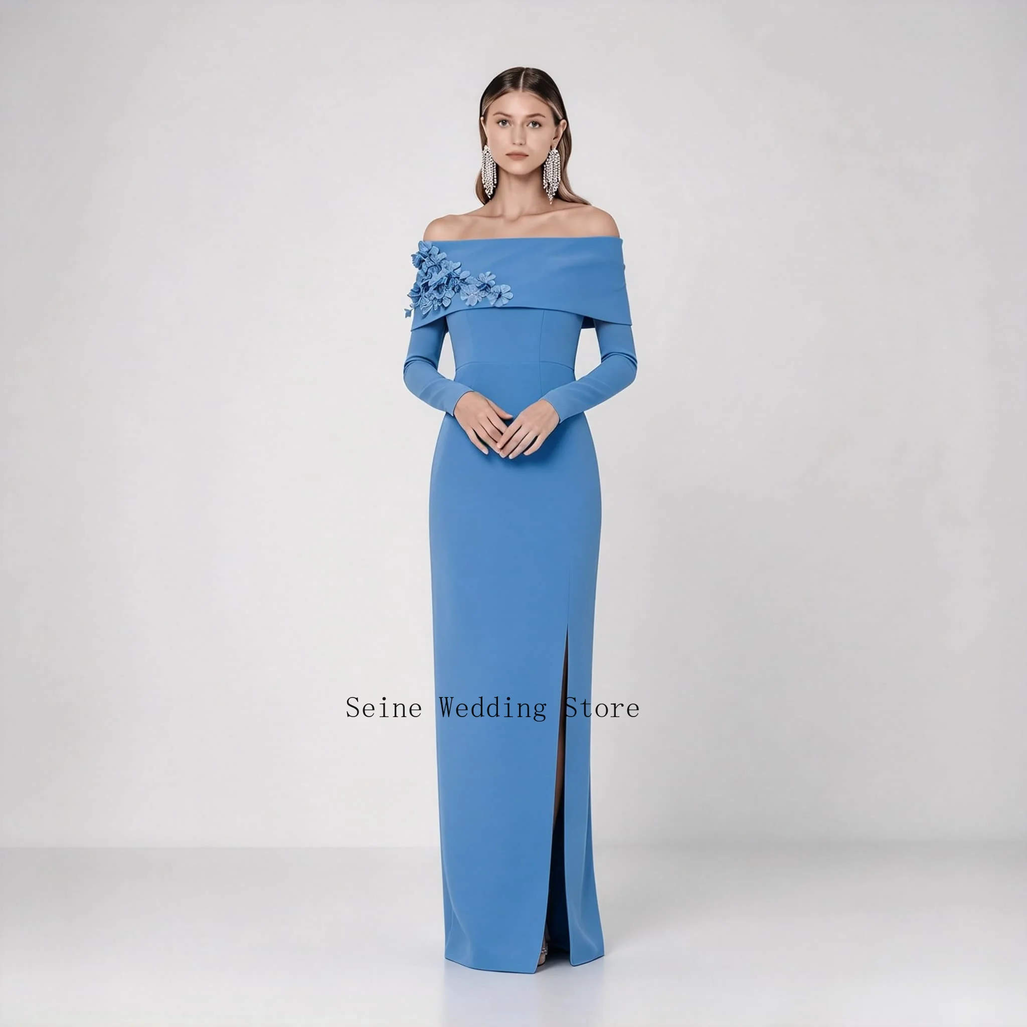 Mermaid Jersey Mother of The Bride Dress Beaded Lace Applique One Shoulder Long Sleeve High Slit Formal Wedding Party Dresses