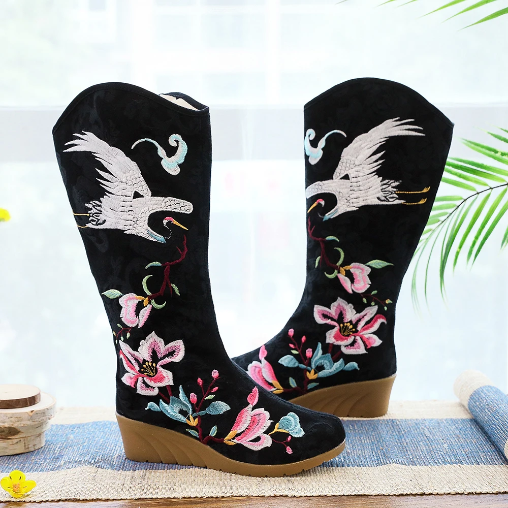 Veowalk Crane Embroidered Women Knee High Canvas Boots Mid Wedge Heel Ladies Comfort Loose Boots Embroidery Shoes Black