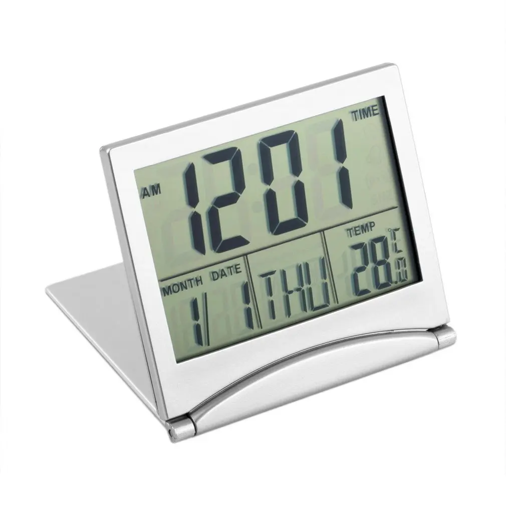 Foldable Digital Alarm Clock, Large Display, With Calendar, Thermometer, Timer LCD Alarm Clock Data Time Desk Clock