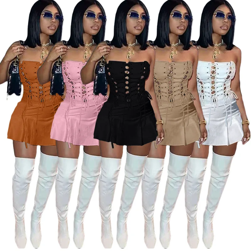 

Grommet Bandage Mini Dress for Women 2022 Sexy Off the Shoulder Slit Lace Up A-line Bodycon Club Party Dress Summer Clothes