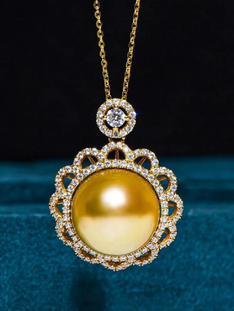 

Gorgeous Giant AAAA 9-10mm South China Sea Gold Earstuds Pearl Pendant Necklace 925s