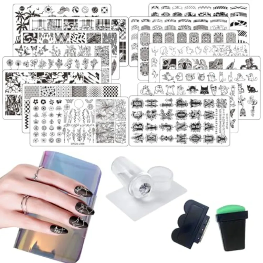 

21 Pcs Nail Stamp Plates Set with 16 Plates 2 Stamping Tools 2 Scrapers and 1 Storage Bag for Nail Art Stamping Featuring Leaf