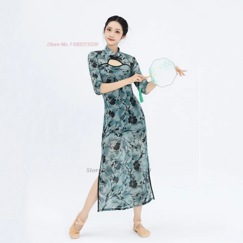 2025 traditional chinese vintage folk dress stage performance costume flower print mesh cheongsam dancer training exercise dress