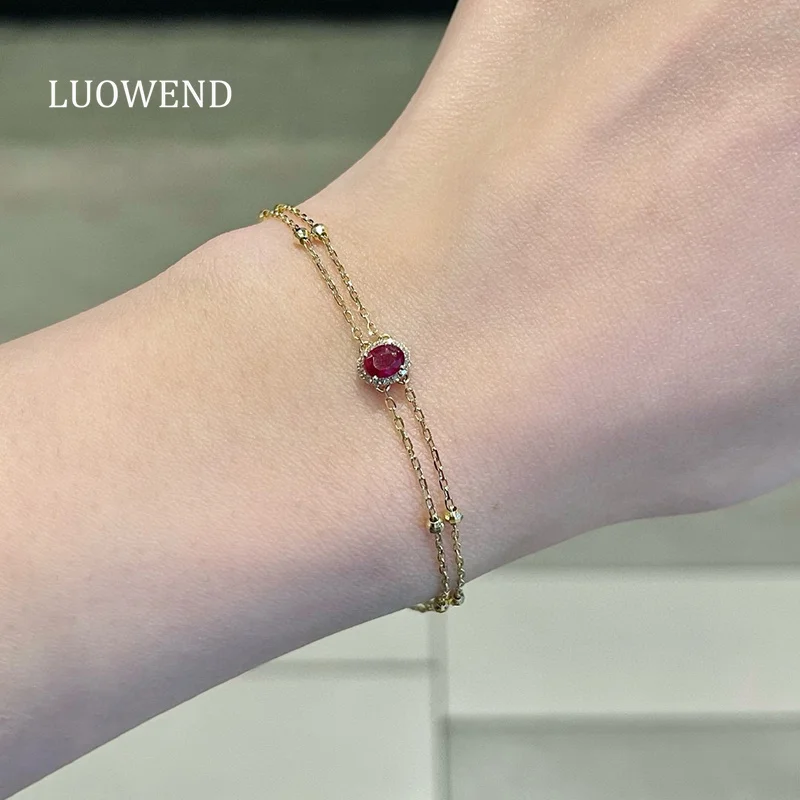 

LUOWEND 100% 18K Yellow Gold Bracelet Romantic Elegant Style Shiny Diamond Natural Ruby Bracelet for Women High Birthday Gift