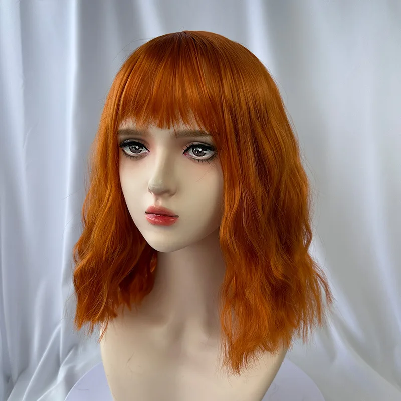 Fashionable orange synthetic wig female short curly hair wavy liu sea ripple cosplay party daily wear wig full head cover image 3