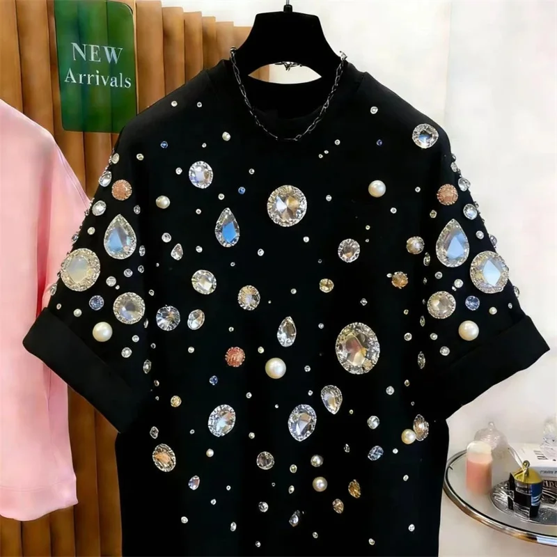 Fashion Women's T-shirts Top Heavy Industry Dingzhu European American Style Summer Autumn T-shirts 2026 New Woman Clothing