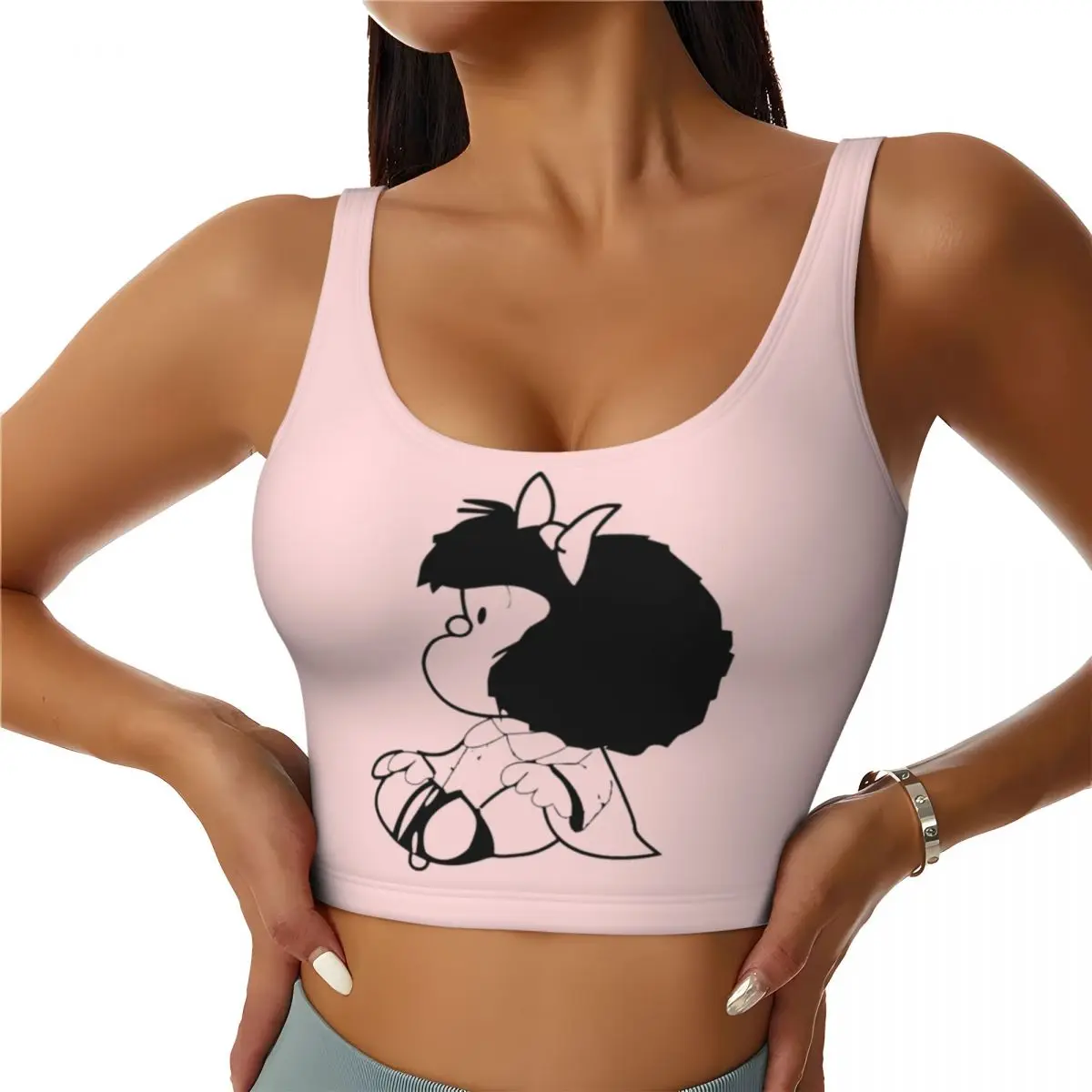 Custom Women Mafalda Sports Bra Argentine Cartoon Quino Comics High Impact Gym Workout Running Crop Tank Tops