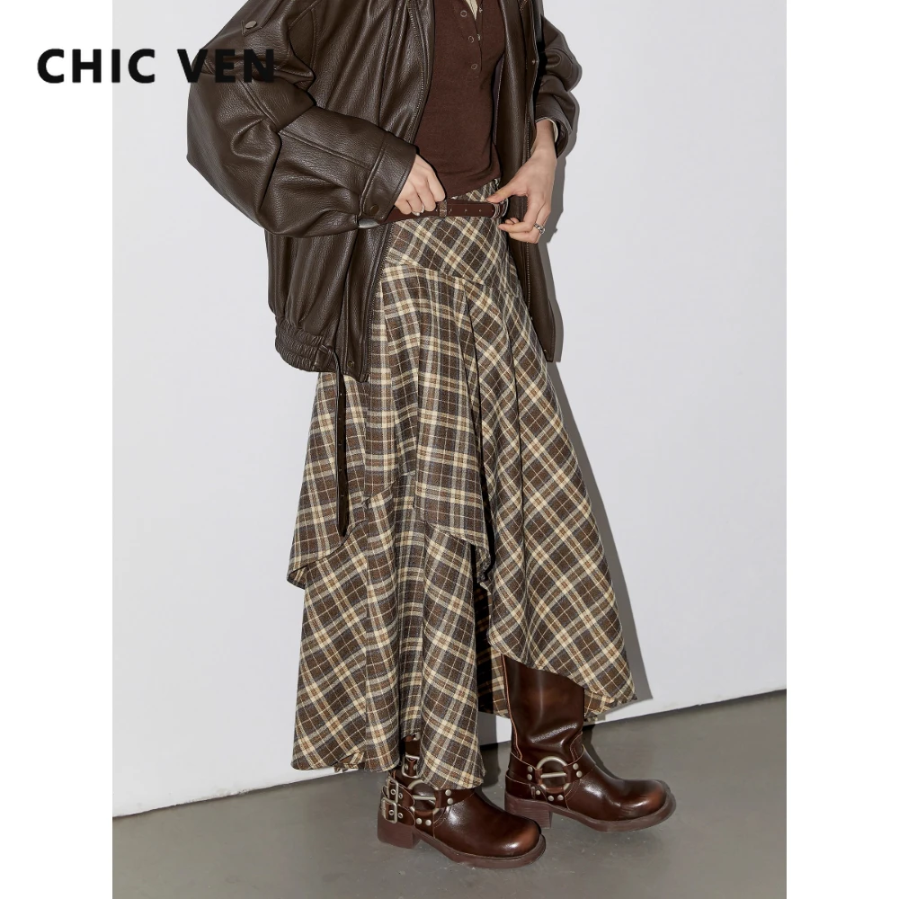

CHIC VEN Women Skirts A Line Vintage Plaid Irregular Hem Half Skirt Design High Waist Female Long Skirt Girl Autumn Winter 2025