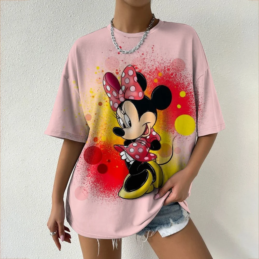 T-shirt a tema Disney Minnie Cartoon Series T-shirt Sweet Cool Street Summer T-shirt oversize da donna per adulti e bambini
