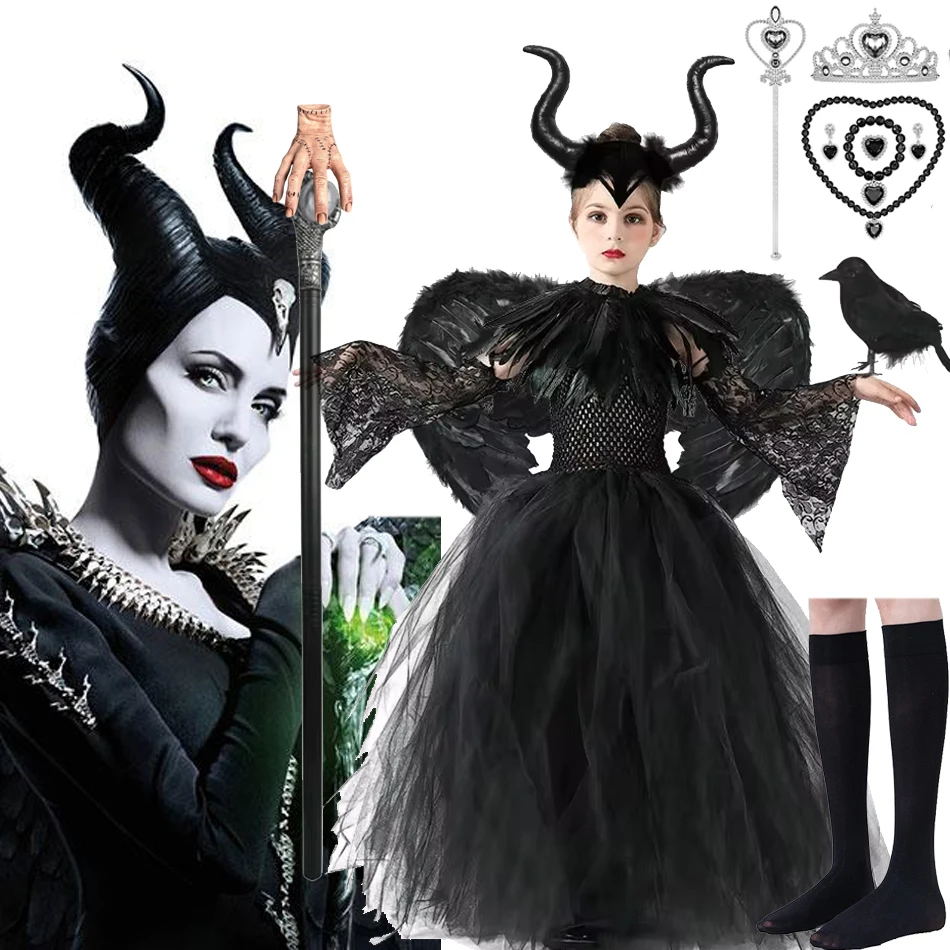 Disney Maleficent Dark Queen Halloween Christmas Girl Costume Deluxe Black Glam Dresses Kids Ball Gown Robe Cosplay Clothes