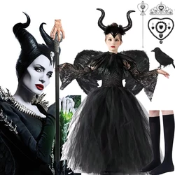 Disney Maleficent Dark Queen Halloween Christmas Girl Costume Deluxe Black Glam Dresses Kids Ball Gown Robe Cosplay Clothes