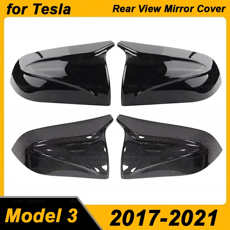 

Для Tesla Model 3 2017-2021 года, чехол для бокового зеркала заднего вида в стиле рога, глянцевый черный/углеродное волокно