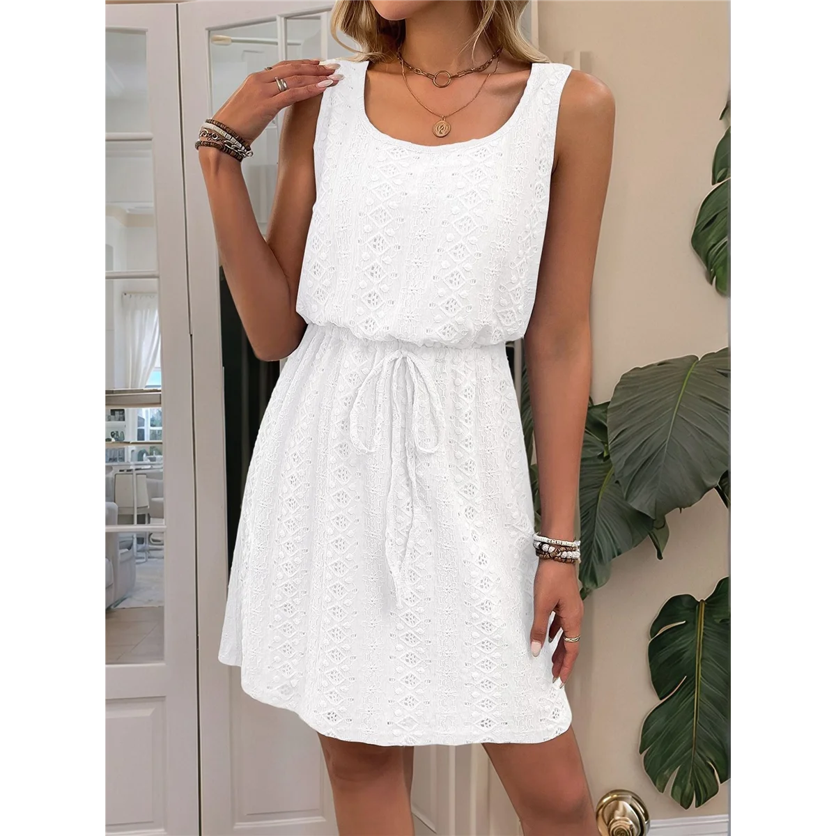 女性中空アウトテクスチャード巾着ミニドレスホワイト M