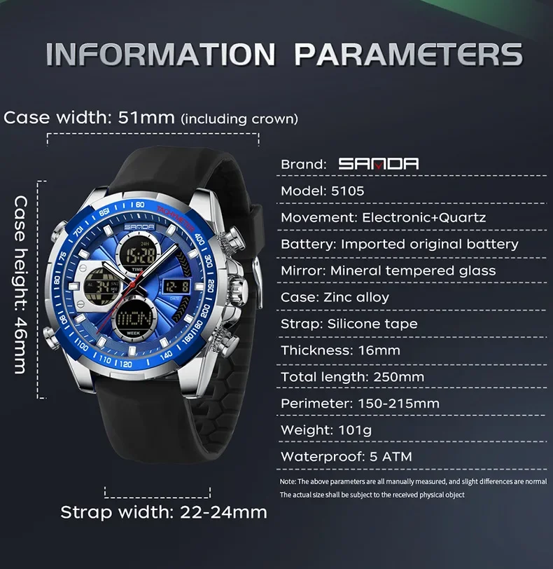 SANDA SD5105 Luxus Dual Display Herrenuhren G-Stil Sport Chronograph Alarm ​ 50 m wasserdichte Quarz-Armbanduhr aus Silikon