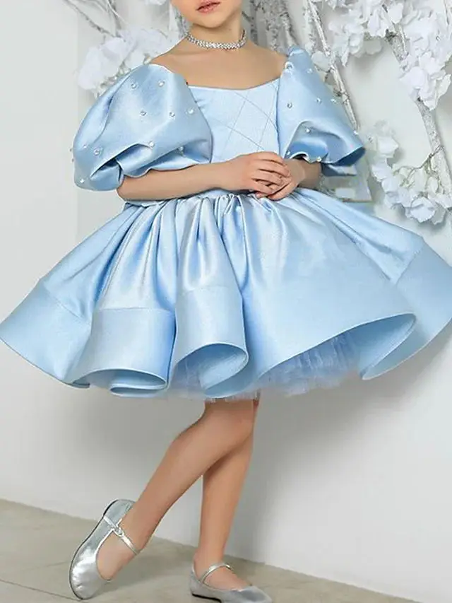 Vestidos de flores azules para niñas, vestido de baile de satén de princesa elegante para niños, vestido de fiesta de cumpleaños Simple, Vestido corto de primera comunión 2022