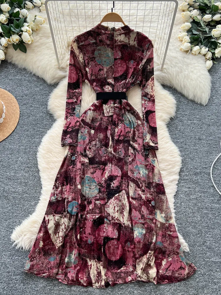 Ele V-ne con cintura lunga Sve stampa floreale Dr Gonna lunga drappeggiata dimagrante da donna Gonna a trapezio a vita alta in fibra di poliestere