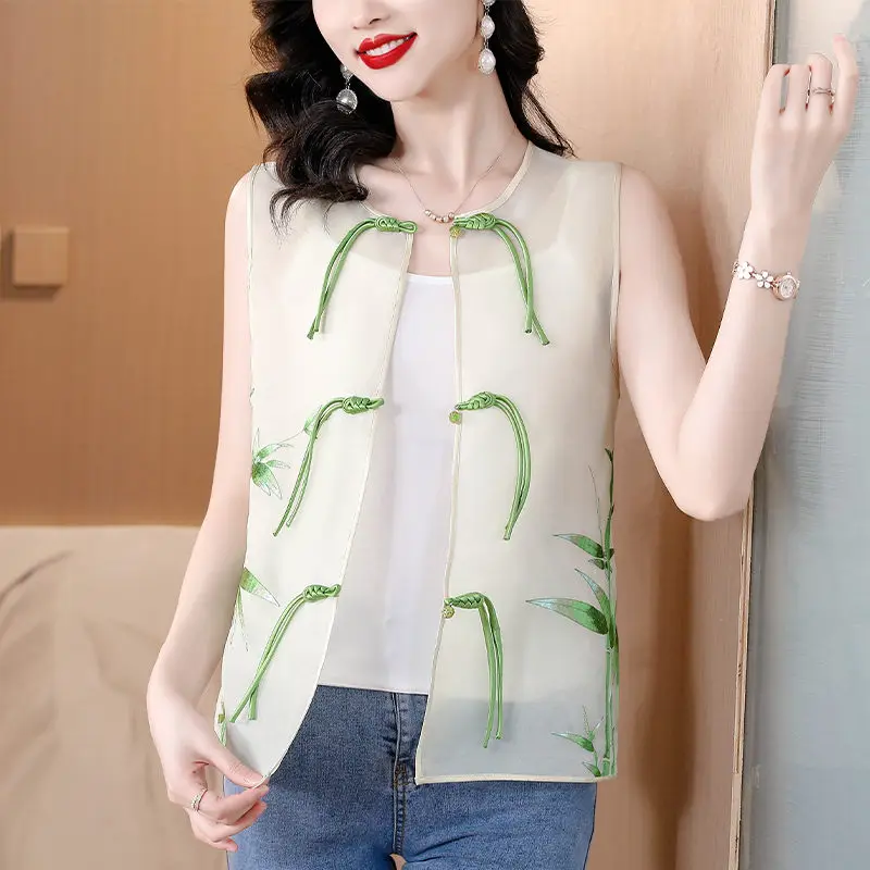 

New Chinese Style Organza Vest Summer Retro Buckle Perspective Tops Women Sleeveless Embroidered Improved Tang Shirt Z1960