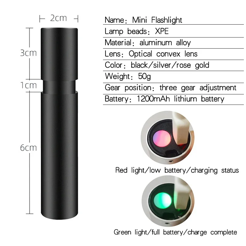 USB Rechargable Mini LED Flashlight Built-in battery 3 Lighting Mode WaterproofTorch Stylish Portable Suit for Night Lighting
