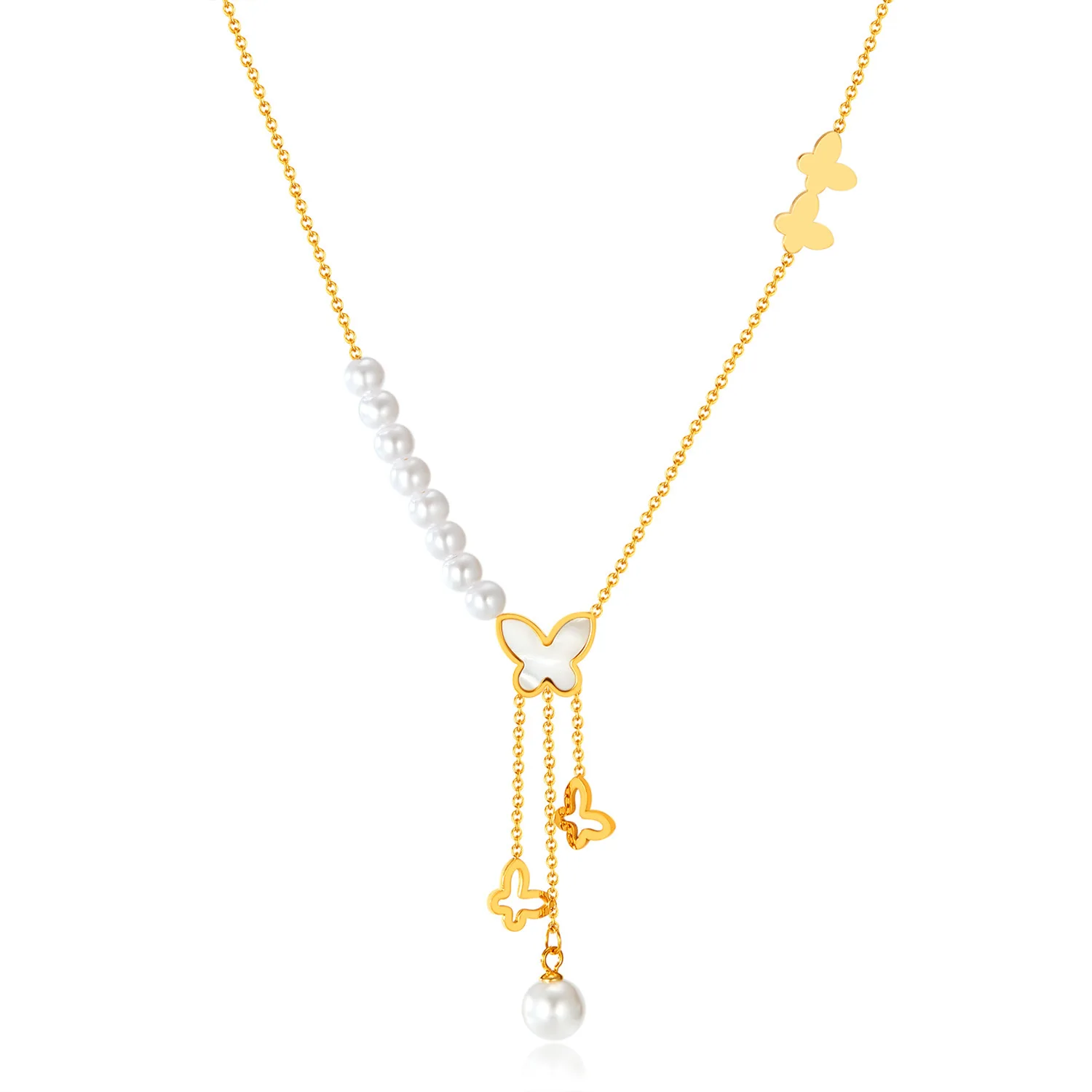 

French Vintage Hollow Butterfly Tassel Pearl Necklace for Women - Unique Stainless Steel Elegant Collarbone Chain Jewelry
