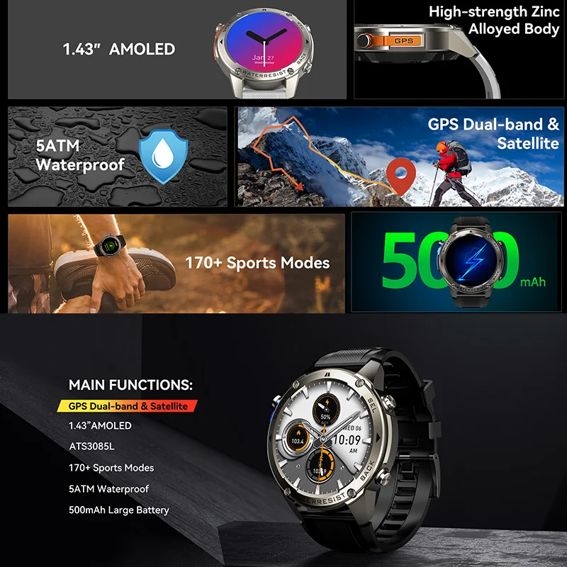 For Xiaomi Military GPS-tracking smartwatch Men's 5ATM Waterproof Outdoor Sports Health Monitor 1.43 